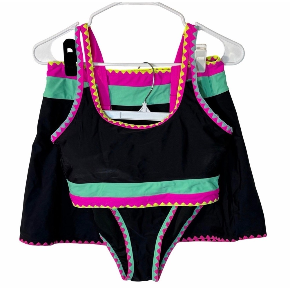 NWT Popvil Neon 3pc Bikini Set High Waist Tummy Control Skirt Black Pink Various - Picture 5 of 8